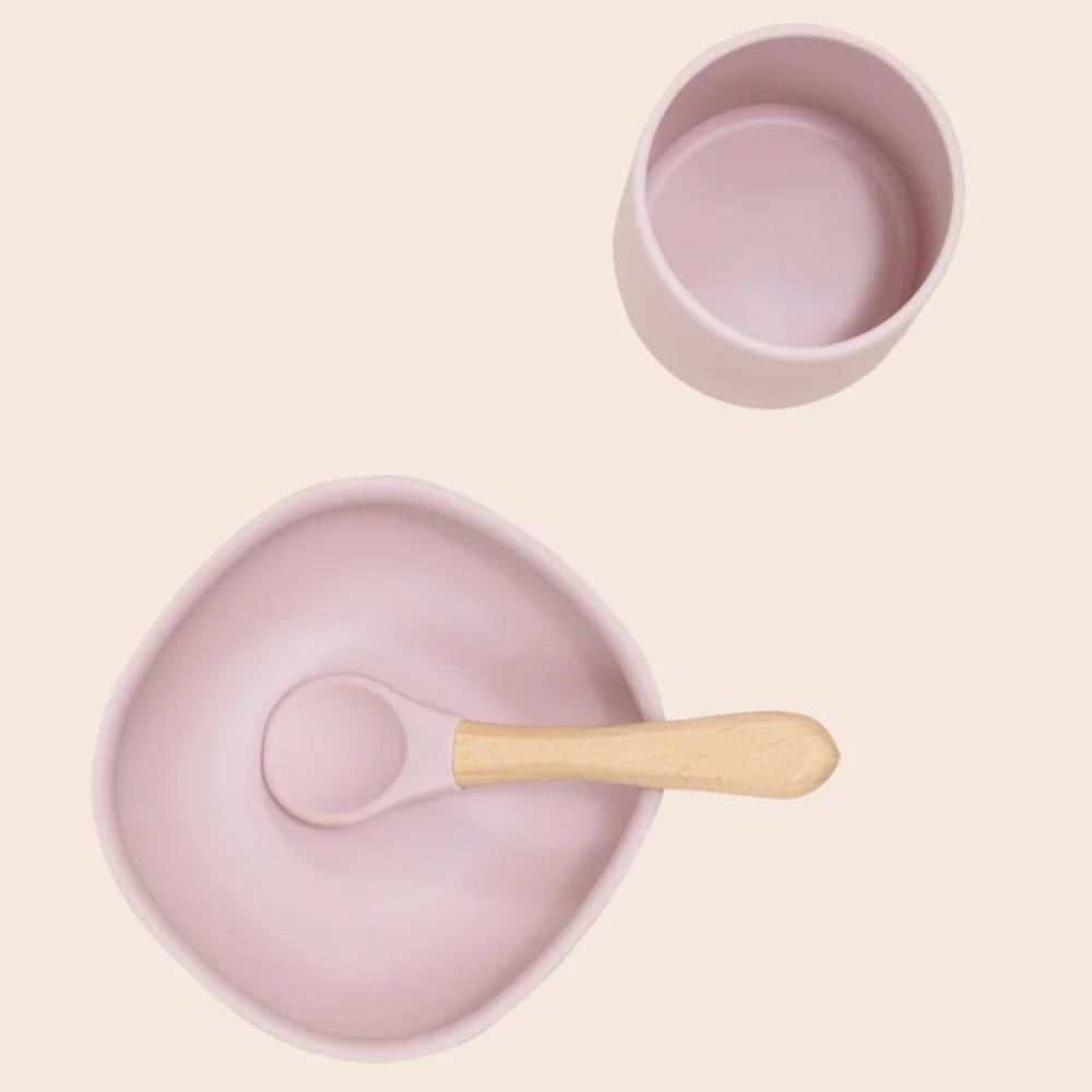 6pc Baby Silicone Feeding Set Suction Plate Bowl Bib Cup Spoon Fork Dusty Rose